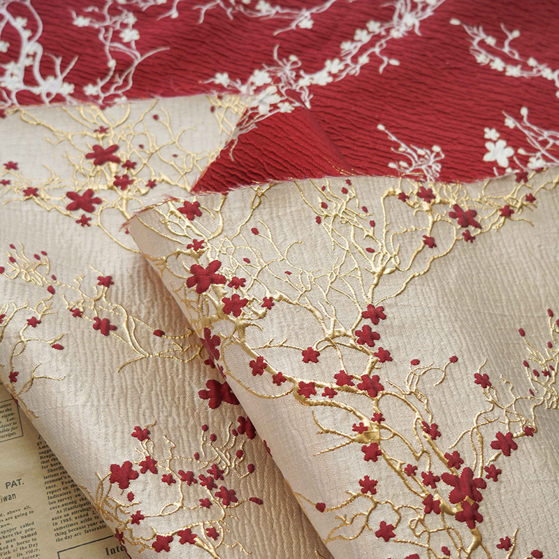 Home Textiles Luxury - Luxus rote Pflaumenblüte Jacquard Stoff goldene