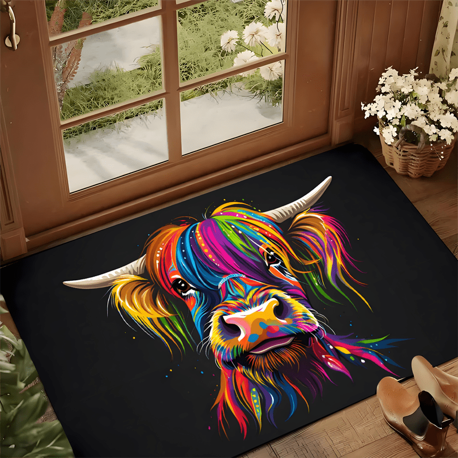 Highland Home Textiles - Bunter Highland-Kuh-Willkommens-Teppich, rutschfeste, waschbare Bodenmatte für