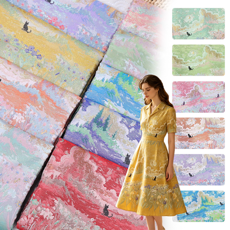 Home Textiles Trends - National Trend Goldener Jacquard-Brokatstoff mit Vintage-Landschaftsmotiv