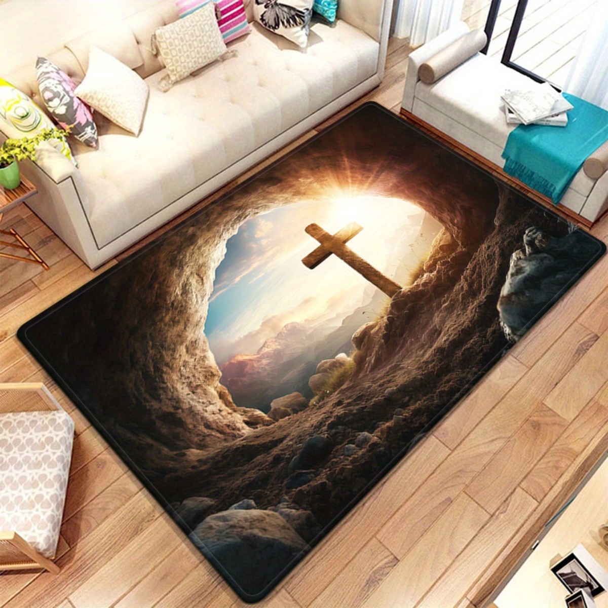 Sunrise Home Textiles & Apparel - Religiöser Kreuzhöhlenteppich, spirituelle christliche Kunst, Wohnzimmerteppich,